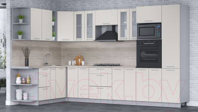 Кухонный гарнитур Интерлиния Мила 1.88x3.4 левая (персидский жемчуг/персидский жемчуг/травертин серый)