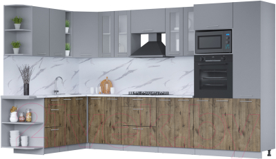 Кухонный гарнитур Интерлиния Мила 1.88x3.4 левая (серебро/дуб веллингтон/белый гранит) - фото