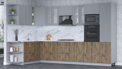 Кухонный гарнитур Интерлиния Мила 1.88x3.4 левая (серебро/дуб веллингтон/белый гранит)