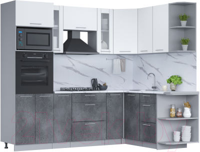 Кухонный гарнитур Интерлиния Мила 1.68x2.4 правая (белый платинум/бетон портленд/белый гранит) - фото