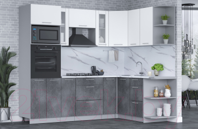 Кухонный гарнитур Интерлиния Мила 1.68x2.4 правая (белый платинум/бетон портленд/белый гранит)