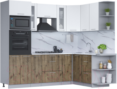 Кухонный гарнитур Интерлиния Мила 1.68x2.4 правая (белый платинум/дуб веллингтон/белый гранит) - фото