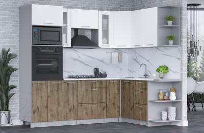 Кухонный гарнитур Интерлиния Мила 1.68x2.4 правая (белый платинум/дуб веллингтон/белый гранит)