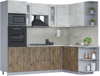 Кухонный гарнитур Интерлиния Мила 1.68x2.4 правая (бетон лайт/дуб веллингтон/опал светлый) - фото