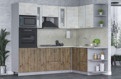 Кухонный гарнитур Интерлиния Мила 1.68x2.4 правая (бетон лайт/дуб веллингтон/опал светлый)