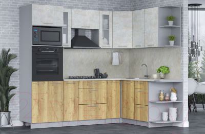 Кухонный гарнитур Интерлиния Мила 1.68x2.4 правая (бетон лайт/дуб золотой/опал светлый)