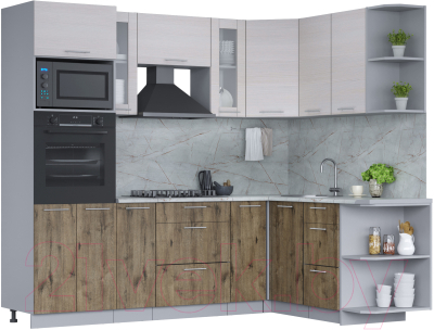 Кухонный гарнитур Интерлиния Мила 1.68x2.4 правая (вудлайн кремовый/дуб веллингтон/серый каспий) - фото