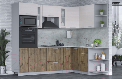 Кухонный гарнитур Интерлиния Мила 1.68x2.4 правая (вудлайн кремовый/дуб веллингтон/серый каспий)