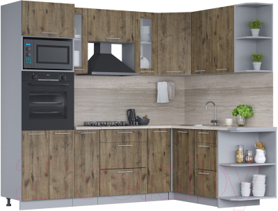 Кухонный гарнитур Интерлиния Мила 1.68x2.4 правая (дуб веллингтон/дуб веллингтон/травертин серый) - фото