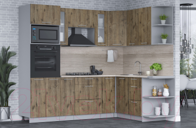 Кухонный гарнитур Интерлиния Мила 1.68x2.4 правая (дуб веллингтон/дуб веллингтон/травертин серый)