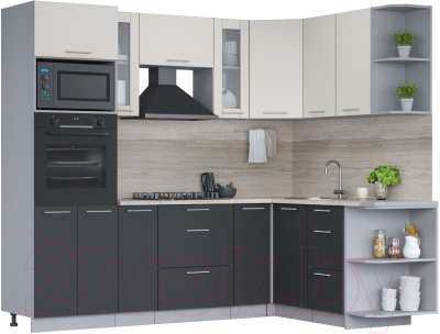 Кухонный гарнитур Интерлиния Мила 1.68x2.4 правая (персидский жемчуг/антрацит/травертин серый) - фото