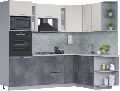Кухонный гарнитур Интерлиния Мила 1.68x2.4 правая (персидский жемчуг/бетон портленд/серый каспий) - фото