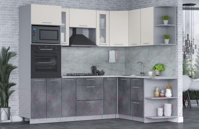 Кухонный гарнитур Интерлиния Мила 1.68x2.4 правая (персидский жемчуг/бетон портленд/серый каспий)