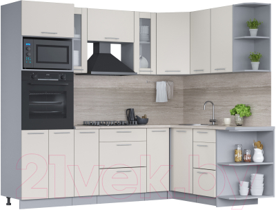 Кухонный гарнитур Интерлиния Мила 1.68x2.4 правая (персидский жемчуг/персидский жемчуг/травертин серый) - фото