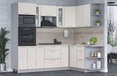 Кухонный гарнитур Интерлиния Мила 1.68x2.4 правая (персидский жемчуг/персидский жемчуг/травертин серый)