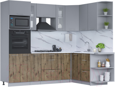Кухонный гарнитур Интерлиния Мила 1.68x2.4 правая (серебро/дуб веллингтон/белый гранит) - фото