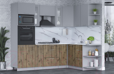 Кухонный гарнитур Интерлиния Мила 1.68x2.4 правая (серебро/дуб веллингтон/белый гранит)