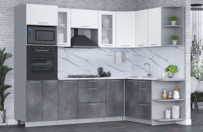 Кухонный гарнитур Интерлиния Мила 1.68x2.6 правая (белый платинум/бетон портленд/белый гранит)