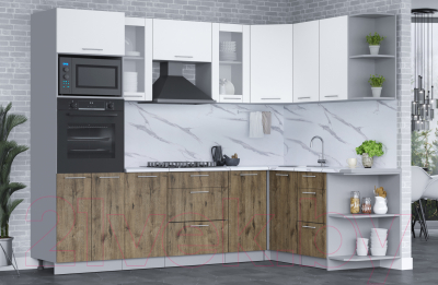 Кухонный гарнитур Интерлиния Мила 1.68x2.6 правая (белый платинум/дуб веллингтон/белый гранит)