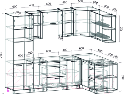 Кухонный гарнитур Интерлиния Мила 1.68x2.6 правая (белый платинум/дуб веллингтон/белый гранит)