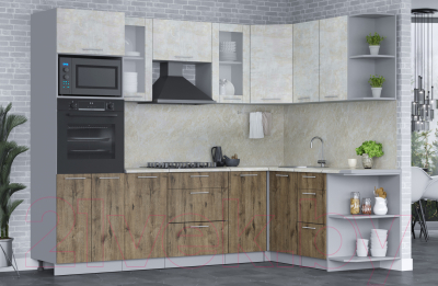 Кухонный гарнитур Интерлиния Мила 1.68x2.6 правая (бетон лайт/дуб веллингтон/опал светлый)