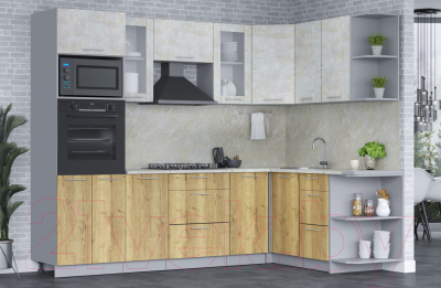 Кухонный гарнитур Интерлиния Мила 1.68x2.6 правая (бетон лайт/дуб золотой/опал светлый)