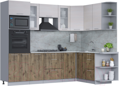 Кухонный гарнитур Интерлиния Мила 1.68x2.6 правая (вудлайн кремовый/дуб веллингтон/серый каспий) - фото