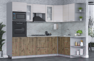 Кухонный гарнитур Интерлиния Мила 1.68x2.6 правая (вудлайн кремовый/дуб веллингтон/серый каспий)