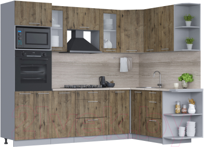 Кухонный гарнитур Интерлиния Мила 1.68x2.6 правая (дуб веллингтон/дуб веллингтон/травертин серый) - фото