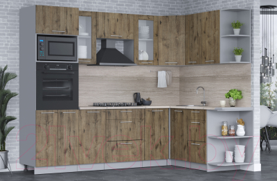 Кухонный гарнитур Интерлиния Мила 1.68x2.6 правая (дуб веллингтон/дуб веллингтон/травертин серый)