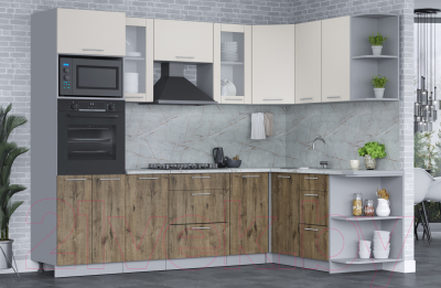 Кухонный гарнитур Интерлиния Мила 1.68x2.6 правая (персидский жемчуг/дуб веллингтон/серый каспий)