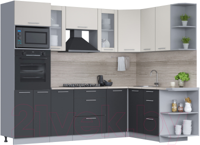 Кухонный гарнитур Интерлиния Мила 1.68x2.6 правая (персидский жемчуг/антрацит/травертин серый) - фото