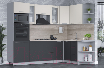 Кухонный гарнитур Интерлиния Мила 1.68x2.6 правая (персидский жемчуг/антрацит/травертин серый)