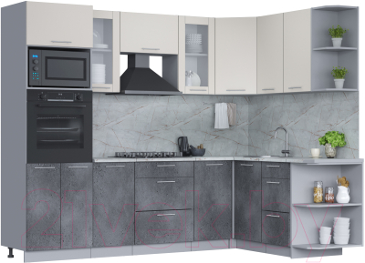 Кухонный гарнитур Интерлиния Мила 1.68x2.6 правая (персидский жемчуг/бетон портленд/серый каспий) - фото
