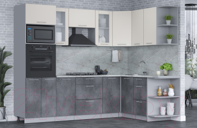 Кухонный гарнитур Интерлиния Мила 1.68x2.6 правая (персидский жемчуг/бетон портленд/серый каспий)