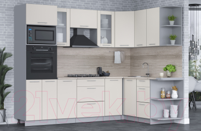 Кухонный гарнитур Интерлиния Мила 1.68x2.6 правая (персидский жемчуг/персидский жемчуг/травертин серый)