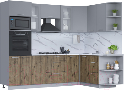 Кухонный гарнитур Интерлиния Мила 1.68x2.6 правая (серебро/дуб веллингтон/белый гранит) - фото
