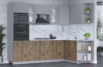 Кухонный гарнитур Интерлиния Мила 1.68x2.6 правая (серебро/дуб веллингтон/белый гранит)