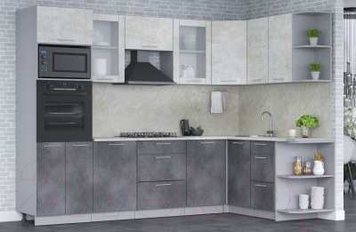 Кухонный гарнитур Интерлиния Мила 1.68x2.8 правая (бетон лайт/бетон портленд/опал светлый)