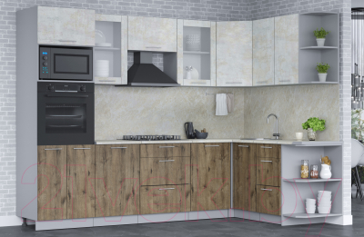 Кухонный гарнитур Интерлиния Мила 1.68x2.8 правая (бетон лайт/дуб веллингтон/опал светлый)