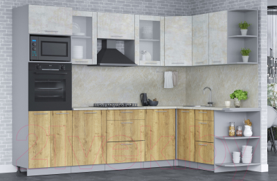 Кухонный гарнитур Интерлиния Мила 1.68x2.8 правая (бетон лайт/дуб золотой/опал светлый)