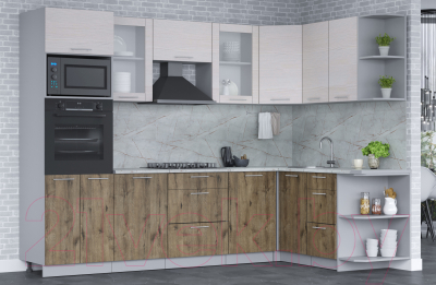 Кухонный гарнитур Интерлиния Мила 1.68x2.8 правая (вудлайн кремовый/дуб веллингтон/серый каспий)