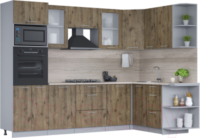 Кухонный гарнитур Интерлиния Мила 1.68x2.8 правая (дуб веллингтон/дуб веллингтон/травертин серый) - фото