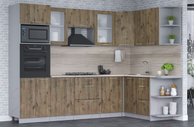 Кухонный гарнитур Интерлиния Мила 1.68x2.8 правая (дуб веллингтон/дуб веллингтон/травертин серый)