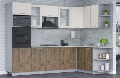 Кухонный гарнитур Интерлиния Мила 1.68x2.8 правая (персидский жемчуг/дуб веллингтон/серый каспий)