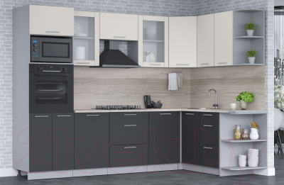 Кухонный гарнитур Интерлиния Мила 1.68x2.8 правая (персидский жемчуг/антрацит/травертин серый)