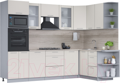 Кухонный гарнитур Интерлиния Мила 1.68x2.8 правая (персидский жемчуг/персидский жемчуг/травертин серый) - фото