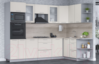 Кухонный гарнитур Интерлиния Мила 1.68x2.8 правая (персидский жемчуг/персидский жемчуг/травертин серый)