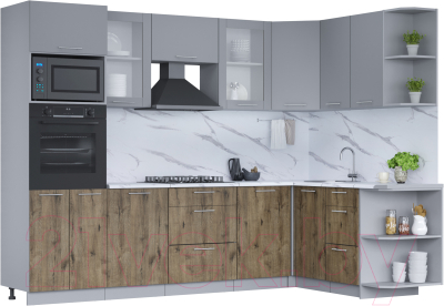 Кухонный гарнитур Интерлиния Мила 1.68x2.8 правая (серебро/дуб веллингтон/белый гранит) - фото
