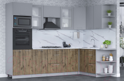 Кухонный гарнитур Интерлиния Мила 1.68x2.8 правая (серебро/дуб веллингтон/белый гранит)